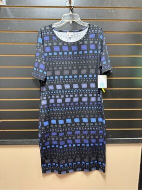 NWT LuLaRoe Julia Dress 2XL Black Blue Geometric Print Stretch Midi